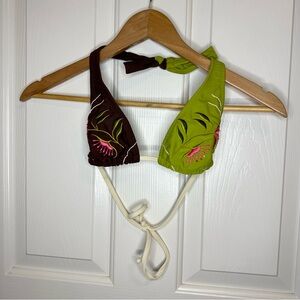 Vix By Paula Hermanny Lime Green Brown Floral Embroidered Beaded Bikini Top Sz M